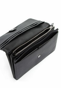 Black leather wallet with a textured finish, featuring a flap closure, multiple card slots, and a zippered compartment for coins.