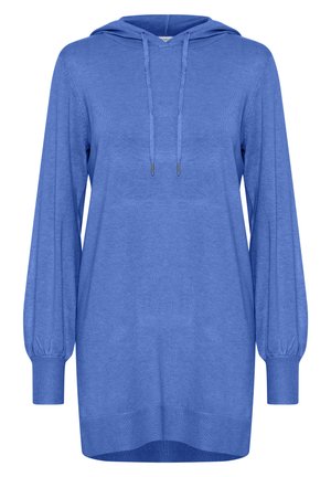 Blå hoodie med långa, puffiga ärmar, snörning i huvan, ribbade ärmslut och nederkant. Tillverkad av mjukt tyg med en slät yta.