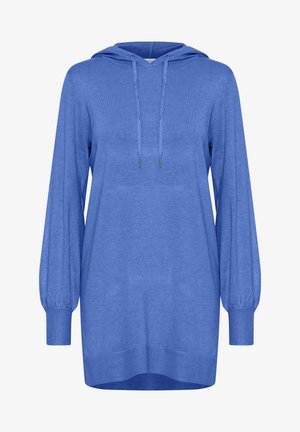 Blauwe hoodie met lange, opgeblazen mouwen, trekkoordcapuchon, geribde cuffs en zoom. Gemaakt van zachte stof met een gladde textuur.