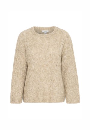 Šviesiai rudas megztinis su pynės raštu, apvaliu kaklu ir ilgomis rankovėmis. Minkšta tekstūra, elastinės rankogaliai ir apačia.