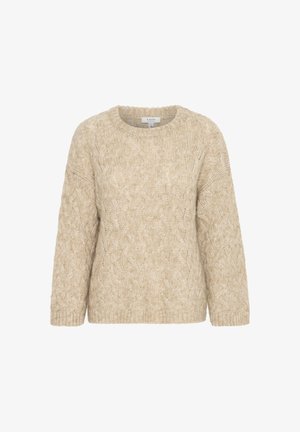 Beige adīts džemperis ar kabelēšanas rakstu, apaļu kakla izgriezumu un garām piedurknēm. Mīksta tekstūra, ribotās piedurknes un apakšmala.