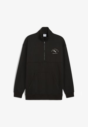 Black sweatshirt with a quarter-zip, kangaroo pocket, and embroidered logo. Made from a soft, textured fabric; features ribbed cuffs and hem.