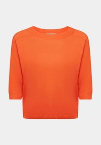 Pull en maille orange vif à manches courtes avec un col rond et des poignets et un ourlet côtelés.