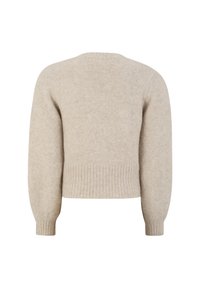 Suéter corto beige, hecho de material de punto suave. Presenta mangas abullonadas y un dobladillo de punto acanalado. Acabado simple y texturizado.