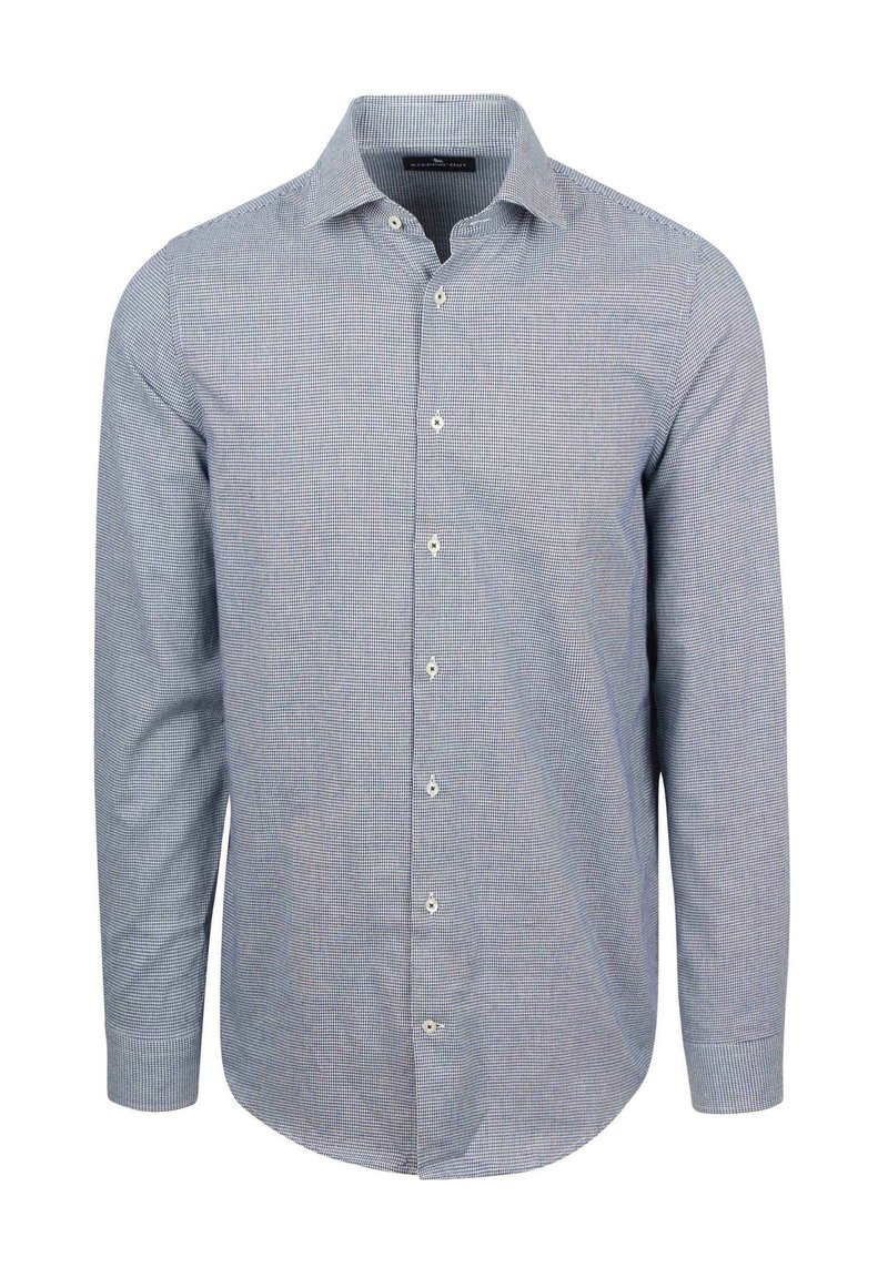 Langärmliges Herrenhemd mit kleinem blau-weißen Karomuster und knöpfbarem Ausschnitt auf einem weißen Hintergrund.