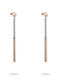 Roségoldene, längliche Ohrringe mit einem silbernen Kettenlink-Design. Schlanke zylindrische Form mit polierten Oberflächen, ausgestattet mit einem runden Stecker-Rücken.