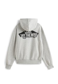 Šedá mikina s klokaní kapsou a nastavitelnou kapucí. Na zadní straně se nachází černé logo "VANS 'OFF THE WALL'". Materiál je směs bavlny.