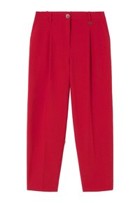 Pantalon rouge plissé avec une coupe droite, doté d'une fermeture par bouton et de deux poches latérales. Confectionné dans un tissu lisse et résistant.