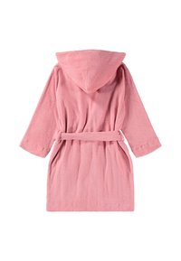 Accappatoio con cappuccio in morbido tessuto di spugna rosa pallido; presenta maniche lunghe, una cintura in vita e una vestibilità comoda con una texture soffice.