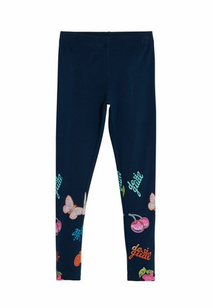 Navy Leggings mit glatter Textur, die farbenfrohe Drucke von Schmetterlingen, Früchten und dem Satz "desi guad" in verschiedenen Mustern zeigen.