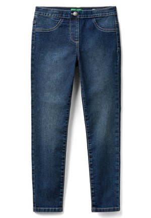 Jeans denim blu scuro a taglio aderente con bottone frontale, due tasche anteriori e cuciture visibili, stesi su sfondo bianco.