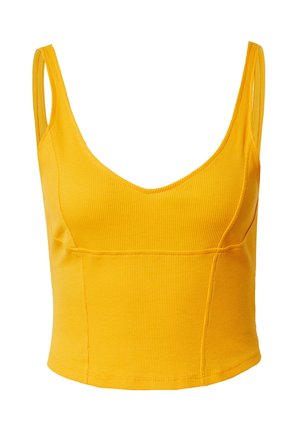 Gelbes geripptes Crop-Top mit tiefem V-Ausschnitt und dünnen Trägern. Die Textur ist glatt, und es hat eine figurbetonte Silhouette mit Nahtdetails.