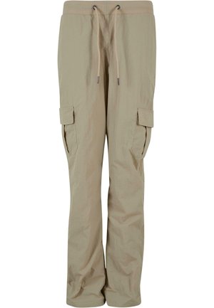 Pantaloni cargo bej dintr-un material ușor, cu un tiv elastic la talie, buzunare laterale și o croială lejeră pentru confort.