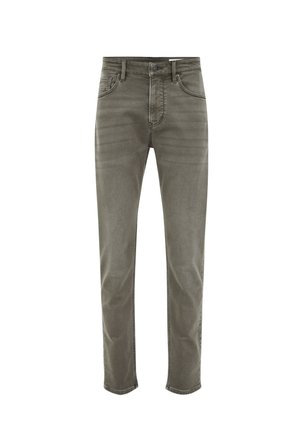 Slim fit, szürke farmernadrág klasszikus öt zsebes dizájnnal. Gombos slicc, enyhe kopás és azonos színű varrás jellemzi.