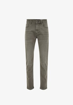 Schmale, graue Jeans aus Denim mit klassischem Fünf-Taschen-Design. Mit Knopfleiste, dezentem Ausbleichen und tonalem Stickereien.