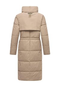 Beige puffer coat featuring a high collar, long sleeves, a cinched waist, and a quilted design with a smooth texture.