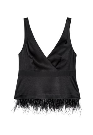 Schwarzes ärmelloses Top mit V-Ausschnitt, satiniertem Textil und federleichtem Saum. Es hat ein tailliertes Oberteil und einen glatten, betonten Bund.