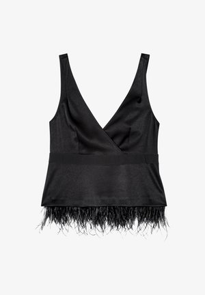 Schwarzes ärmelloses Top mit V-Ausschnitt, satiniertem Textil und federleichtem Saum. Es hat ein tailliertes Oberteil und einen glatten, betonten Bund.