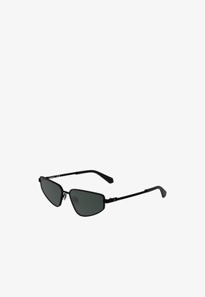 Schwarze Metallsonnenbrille mit kantigen Rahmen und dunklen Gläsern. Verfügt über dünne, gerade Bügel und Nasenpads für einen sicheren Sitz.