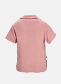 Kurzarmhemd mit Kragen aus weichem pinkfarbenem Stoff mit strukturierter Oberfläche. Verfügt über einen geraden Schnitt und seitliche Schlitzdetails.