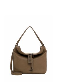 Borsa a spalla in pelle marrone con chiusura a zip, etichetta staccabile e superficie liscia. Presenta un manico curvo singolo e una tracolla regolabile.