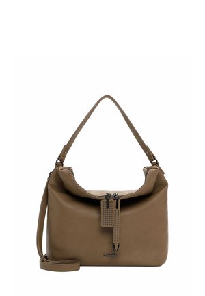 Brown leather shoulder bag with a zip closure, a detachable tag, and a smooth texture. Features a single, curved handle and an adjustable strap.