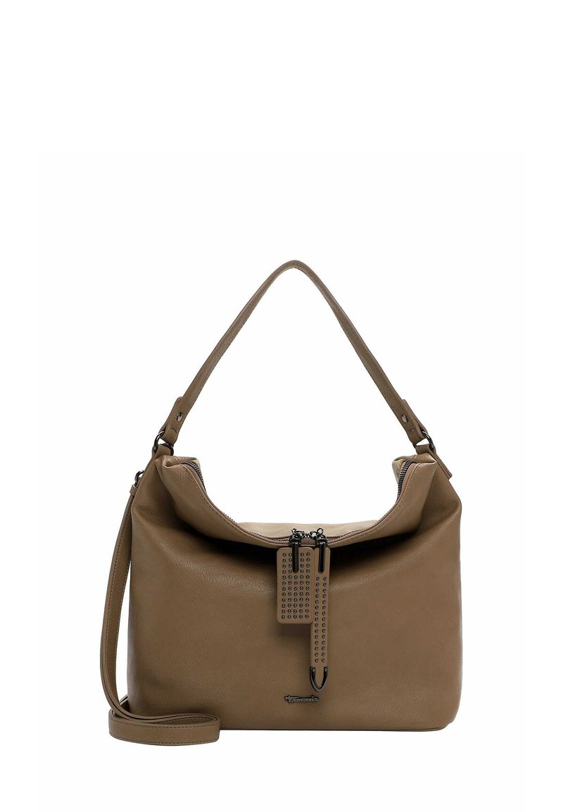 Borsa a spalla in pelle marrone con chiusura a zip, etichetta staccabile e superficie liscia. Presenta un manico curvo singolo e una tracolla regolabile.