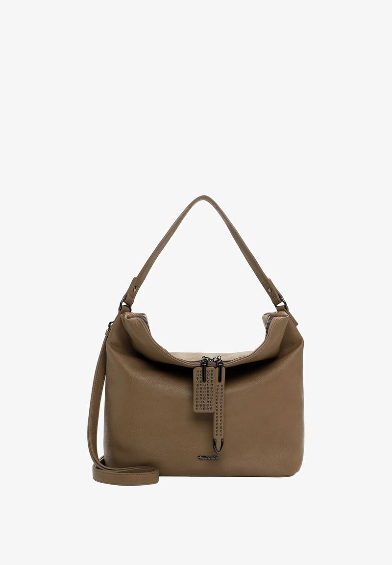 Borsa a spalla in pelle marrone con chiusura a zip, etichetta staccabile e superficie liscia. Presenta un manico curvo singolo e una tracolla regolabile.