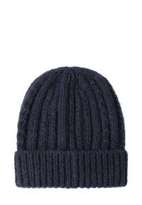 Bonnet tricoté en navy foncé avec une texture côtelée et un revers replié, fabriqué en laine douce. Design simple et fonctionnel.