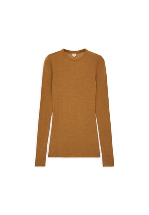 Long-sleeve top in textured mustard fabric, featuring a crew neckline and fitted design. No visible patterns or accents.