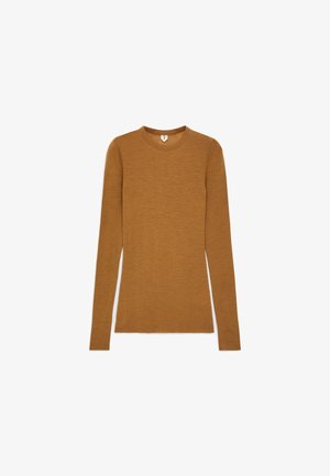 Long-sleeve top in textured mustard fabric, featuring a crew neckline and fitted design. No visible patterns or accents.