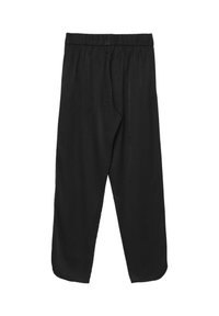 Pantalons noirs à coupe ample avec une taille élastique et des jambes légèrement fuselées, présentés sur un fond blanc.