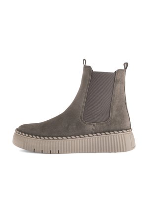 Gray suede Chelsea boots with elastic side panels, a thick ribbed sole, and decorative stitching around the outsole.