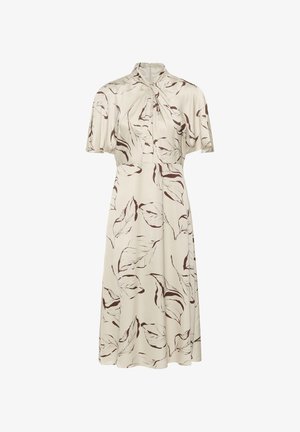 Cremefarbenes Midikleid mit braunem, abstraktem Blättermuster, kurzen Flügelärmeln und hohem Ausschnitt mit gedrehtem Knotendetail.