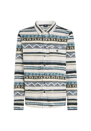 Knoop-up fleece overhemd met een tribale print in blauw, groen en crème. Kenmerkt zich door een kraag, lange mouwen en een enkele borstzak.