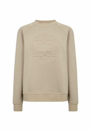 Bézs hosszú ujjú, kerek nyakú pulóver bordázott mandzsettával és szegéllyel, a mellkason dombornyomott, kerek logóval.