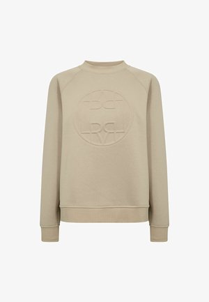 Beżowa bluza z długim rękawem i okrągłym dekoltem, z prążkowanymi mankietami i dolnym ściągaczem, z wytłoczonym okrągłym logo na piersi.