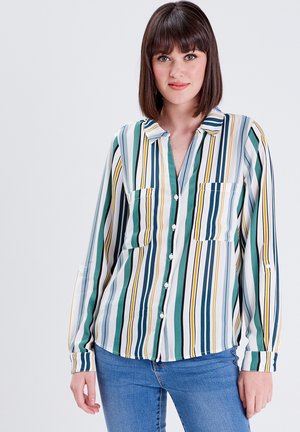 Overhemd met knoopsluiting en verticale strepen in groen, blauw, geel en wit. Bevat twee voorzakken en een klassieke kraag. Zachte stof.