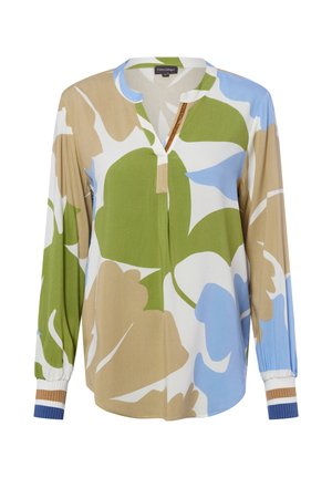 Long-sleeve blouse with green, beige, blue, and white large floral pattern, round neckline, and ribbed cuffs with blue and beige stripes.