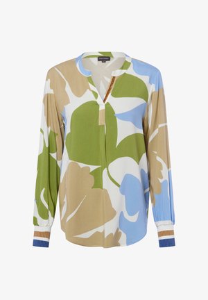 Langärmlige Bluse mit großem Blumenmuster in Grün, Beige, Blau und Weiß, Rundhalsausschnitt und gerippten Bündchen mit blauen und beigen Streifen.