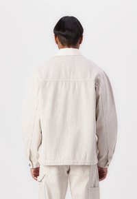 Beige striped jacket made of textured fabric, featuring a button closure, oversized fit, and a pointed collar. Seen from the back.