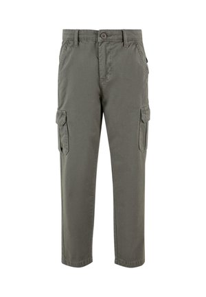 Grå cargo-bukser lavet af blød bomuldsstof. Har sidelommer, et lige ben-design og en knaplukning i taljen.