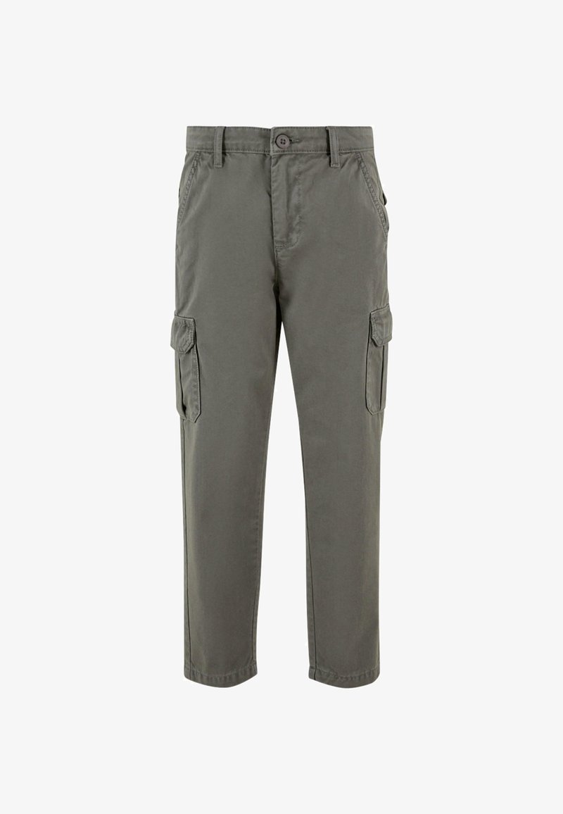 Pantalons cargo gris en coton doux. Dotés de poches latérales, d'une coupe droite et d'une fermeture par bouton à la taille.