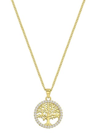 Gouden ketting met een ronde hanger met een boomontwerp, omringd door kleine heldere stenen, aan een ketting met een gedraaide patroon.