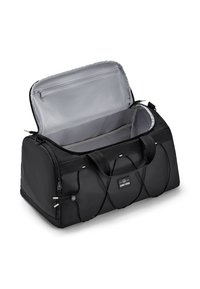 Black duffel bag made of durable fabric, featuring a zippered top, grey interior, and dual handles. Includes an outer pocket and textured details.