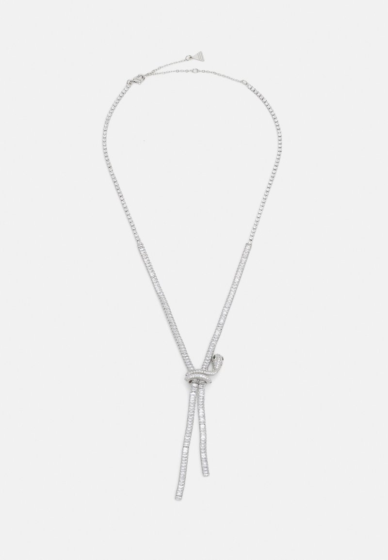 Collana in tono argento con design a nodo, adornata con piccoli cristalli trasparenti e un accento di verde, con lunghezza della catena regolabile.