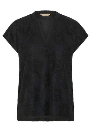 Melns, īsām piedurknēm topiņš ar V-veida kakla izgriezumu un ziedu mežģīņu rakstu, ar teksturētu apdari un brīvu piegriezumu.