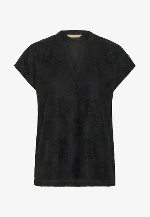 Melns, īsām piedurknēm topiņš ar V-veida kakla izgriezumu un ziedu mežģīņu rakstu, ar teksturētu apdari un brīvu piegriezumu.