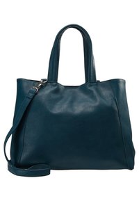 Tyrkysově modrý kožený nákupní taška s dvojitými uchy a odnímatelným ramenním popruhem. Hladká textura a minimalistický design bez viditelného kovového příslušenství.