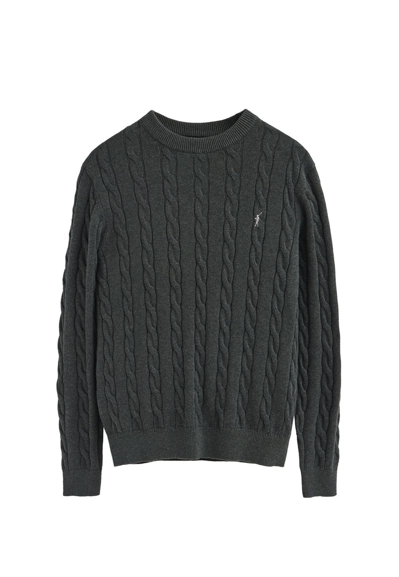 Suéter de punto gris oscuro con un patrón de trenzado, cuello redondo y puños y dobladillo de canalé. Pequeño logotipo en el pecho.